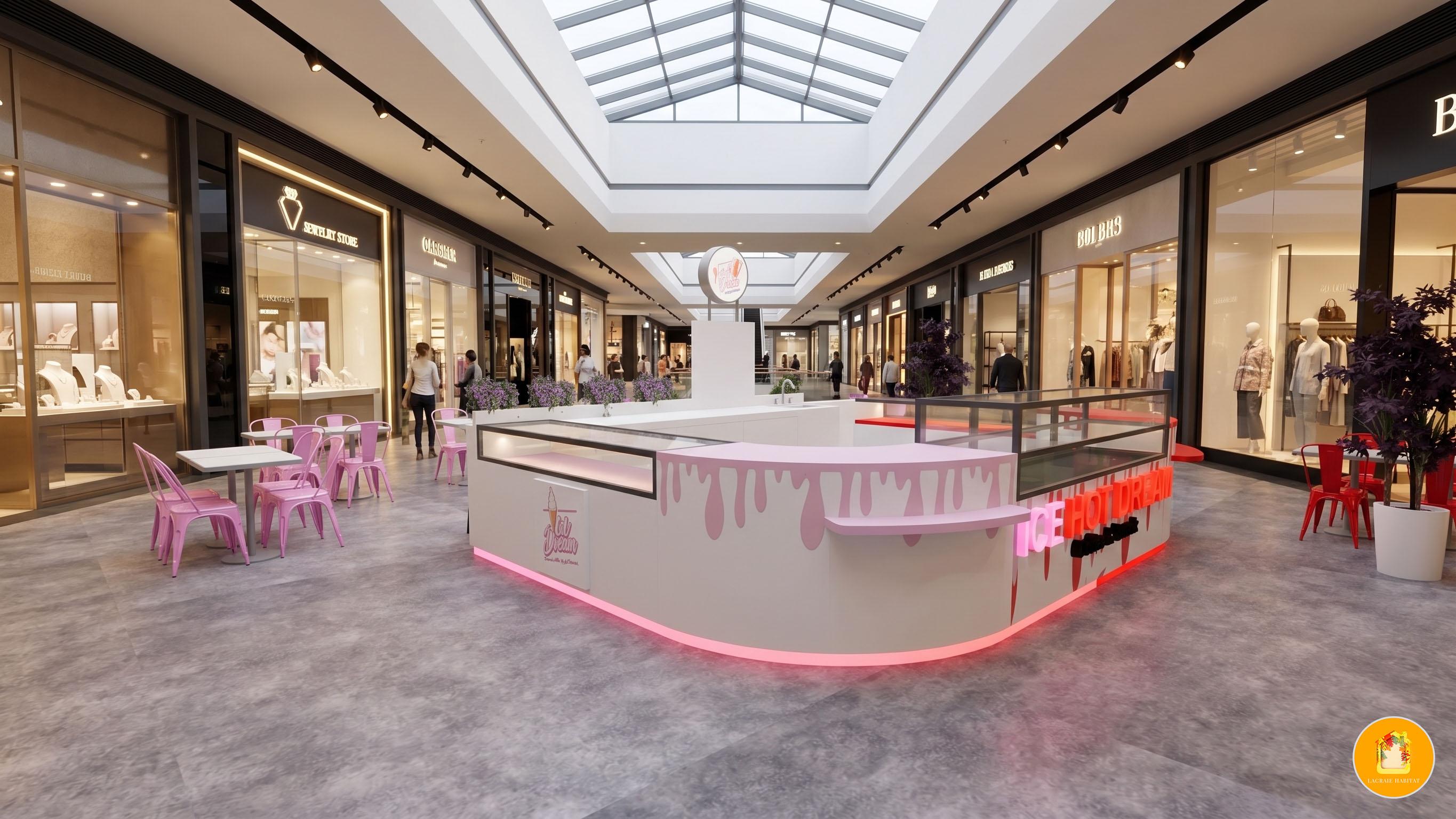 Rendu 3D d’un kiosque commercial en galerie marchande