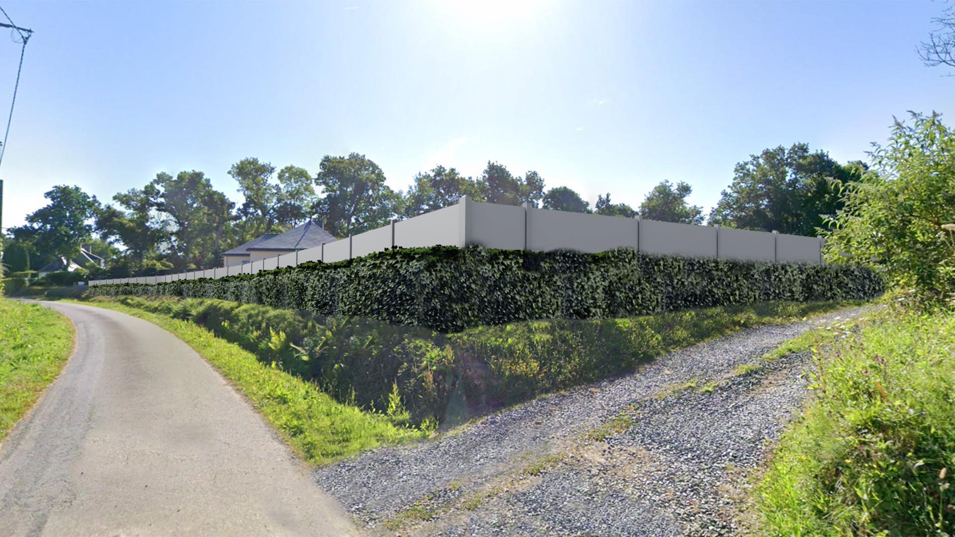 Insertion 3D d’une clôture le long d’une route de campagne